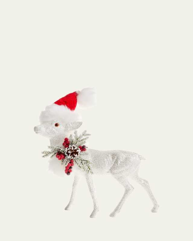 Glittery Deer with Santa Hat Figurine